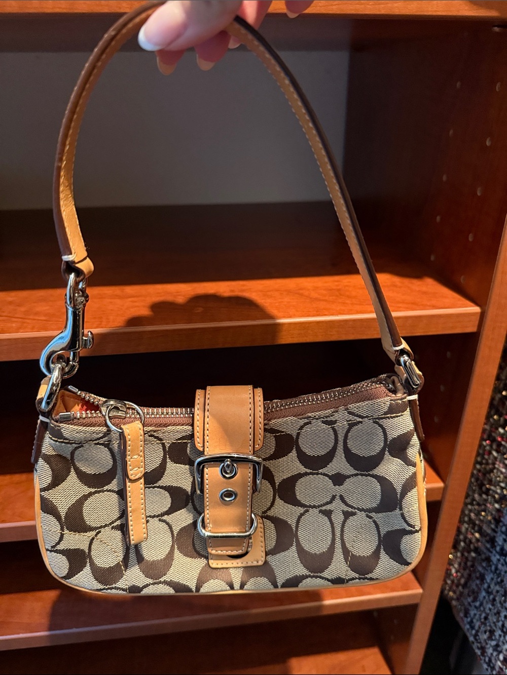 Coach Brown Signature Jacquard Mini Shoulder Bag with Tan Trim